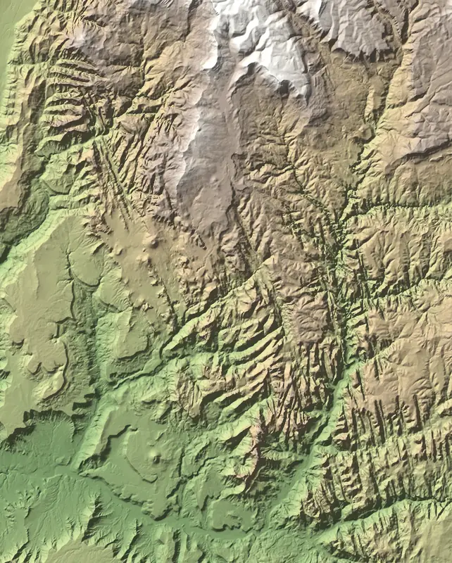 Shaded relief map of Zion National Park, north at the top