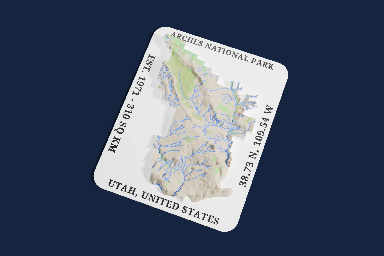 Render of a 3D printed relief map of Arches National Park, with its terrain, water and land cover in their own colors.