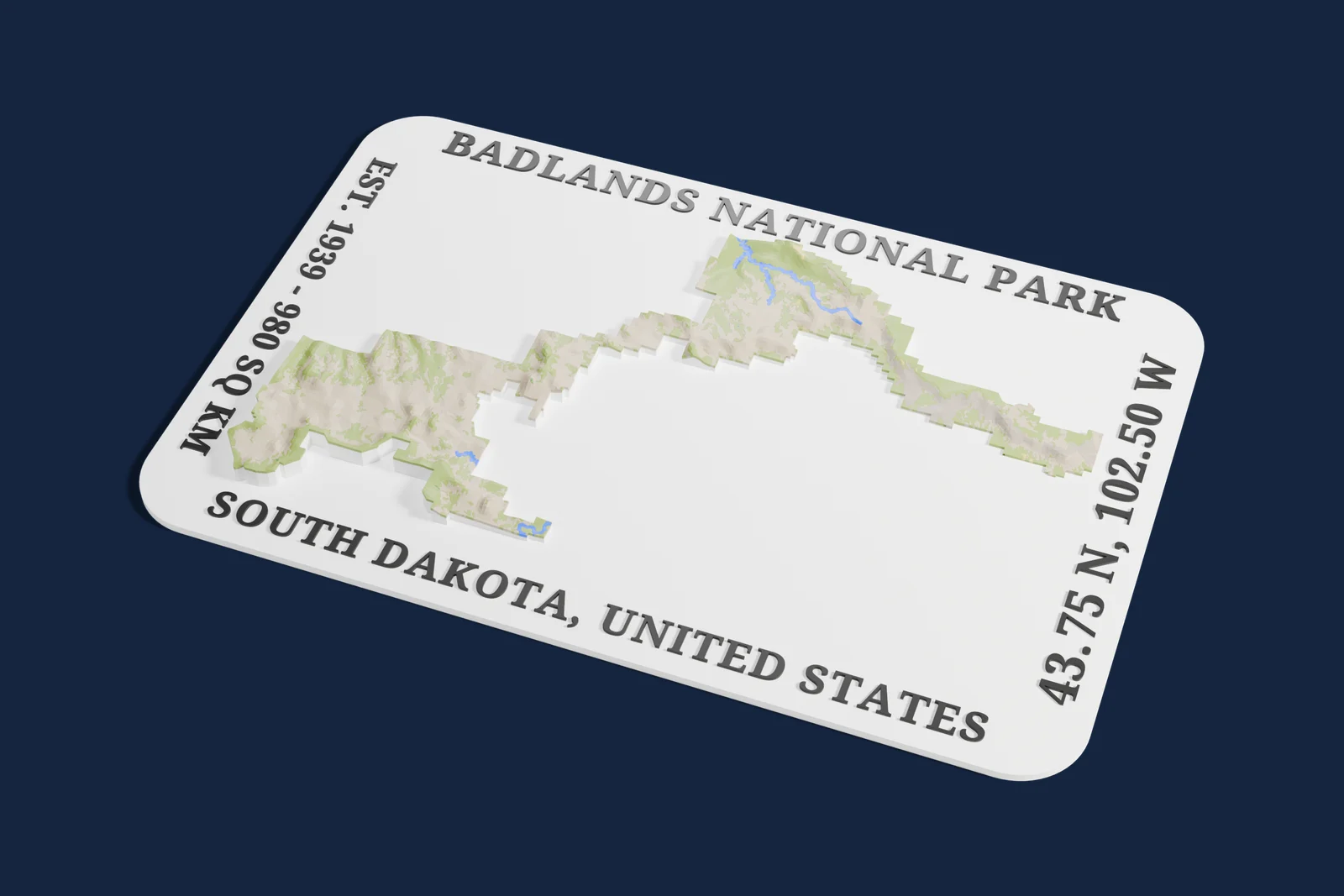 Render of a 3D printed relief map of Badlands National Park, with its terrain, water and land cover in their own colors.