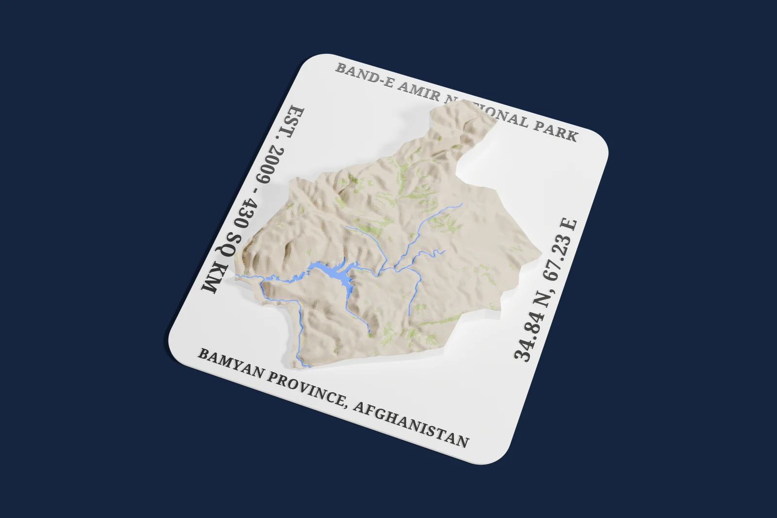 Render of a 3D printed relief map of Band-e Amir National Park, with its terrain, water and land cover in their own colors.
