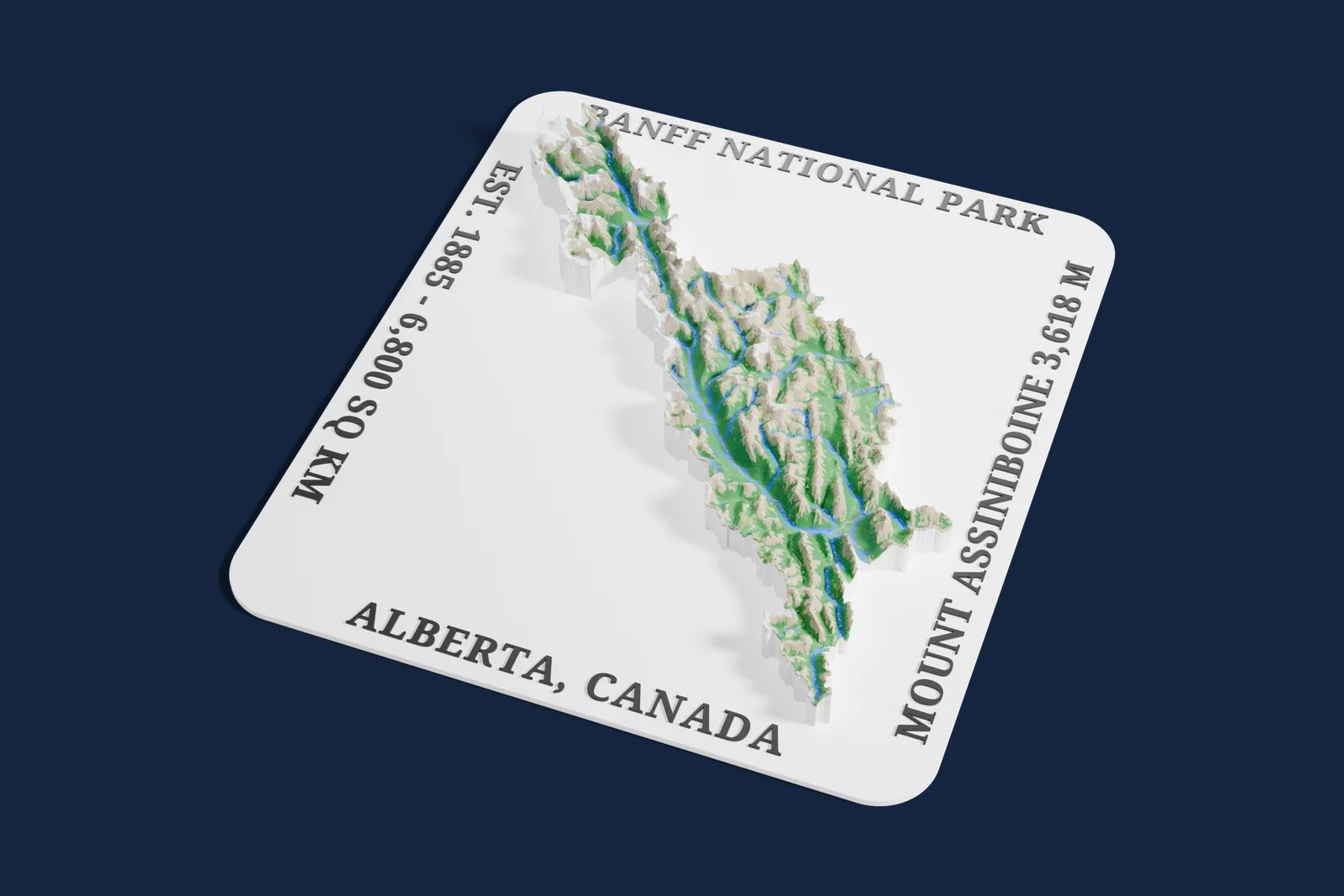 Render of a 3D printed relief map of Banff National Park, with its terrain, water and land cover in their own colors.