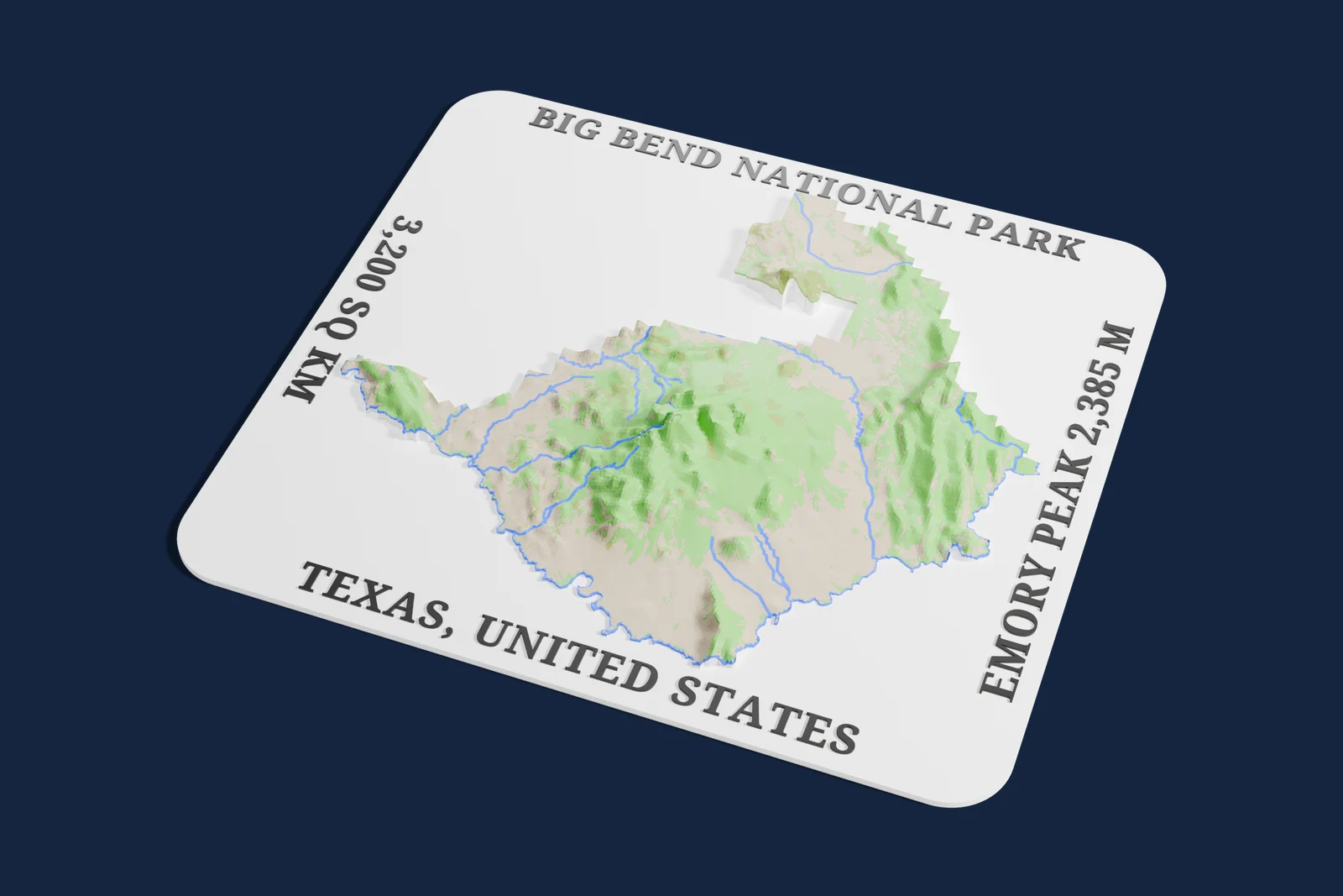Render of a 3D printed relief map of Big Bend National Park, with its terrain, water and land cover in their own colors.