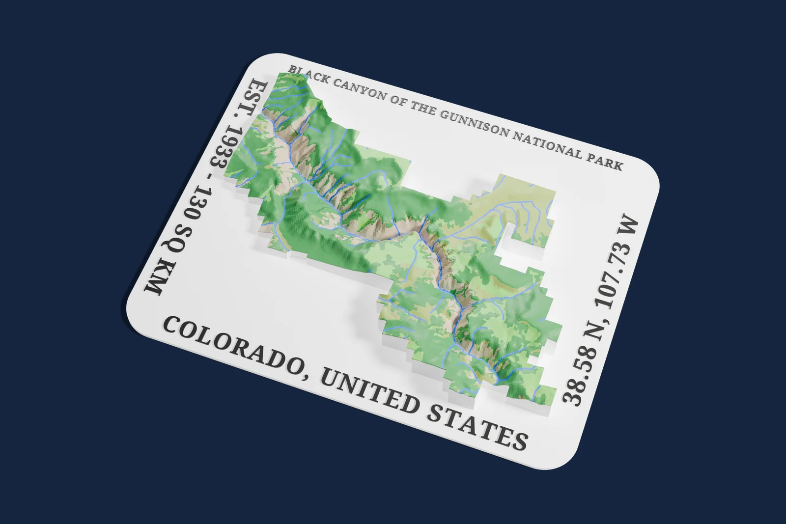Render of a 3D printed relief map of Black Canyon of the Gunnison National Park, with its terrain, water and land cover in their own colors.