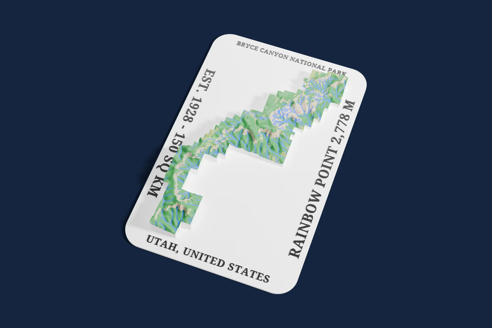 Render of a 3D printed relief map of Bryce Canyon National Park, with its terrain, water and land cover in their own colors.