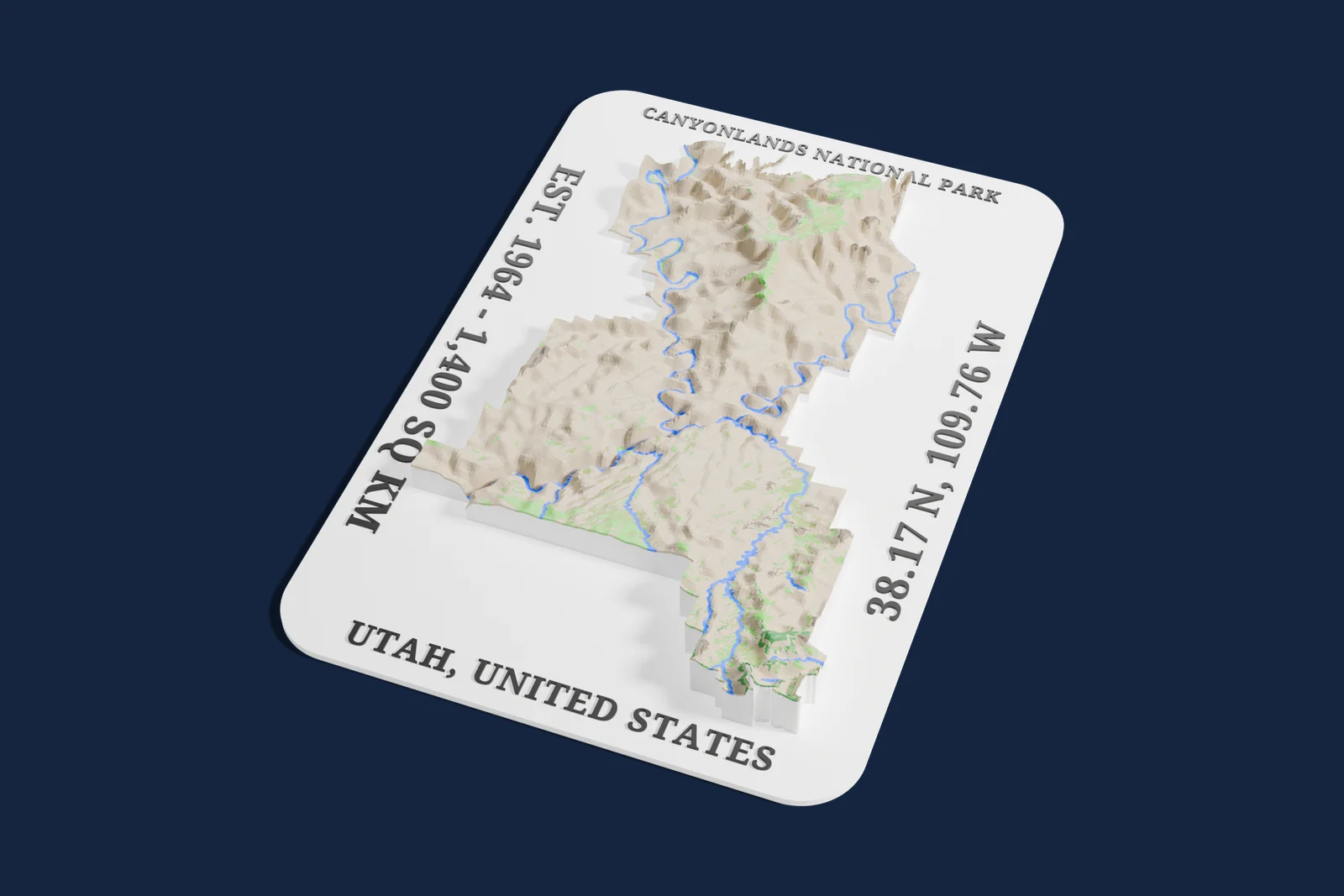 Render of a 3D printed relief map of Canyonlands National Park, with its terrain, water and land cover in their own colors.