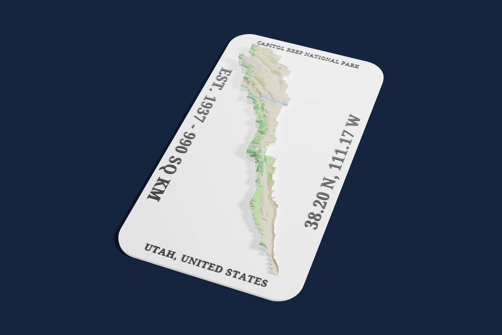 Render of a 3D printed relief map of Capitol Reef National Park, with its terrain, water and land cover in their own colors.