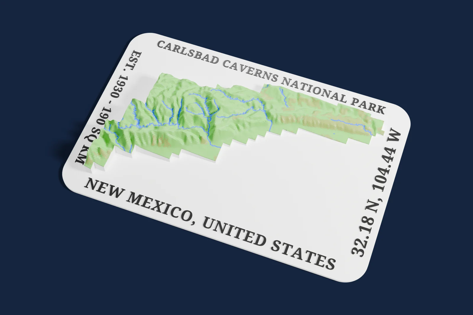 Render of a 3D printed relief map of Carlsbad Caverns National Park, with its terrain, water and land cover in their own colors.