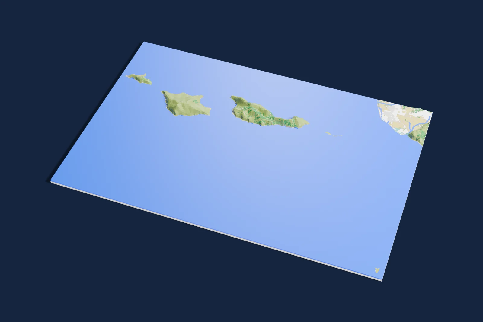 Render of a 3D printed relief map of Channel Islands National Park, with its terrain, water and land cover in their own colors.