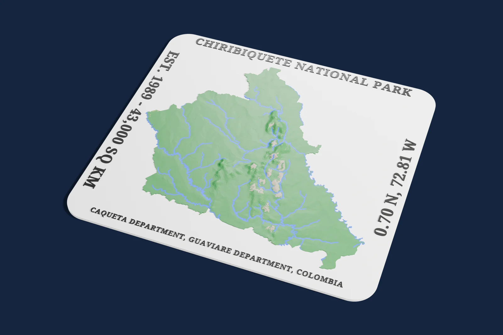 Render of a 3D printed relief map of Chiribiquete National Park, with its terrain, water and land cover in their own colors.