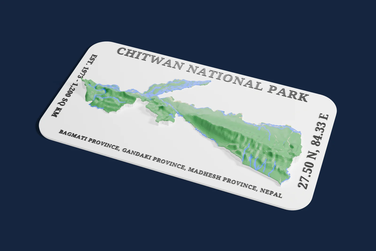 Render of a 3D printed relief map of Chitwan National Park, with its terrain, water and land cover in their own colors.