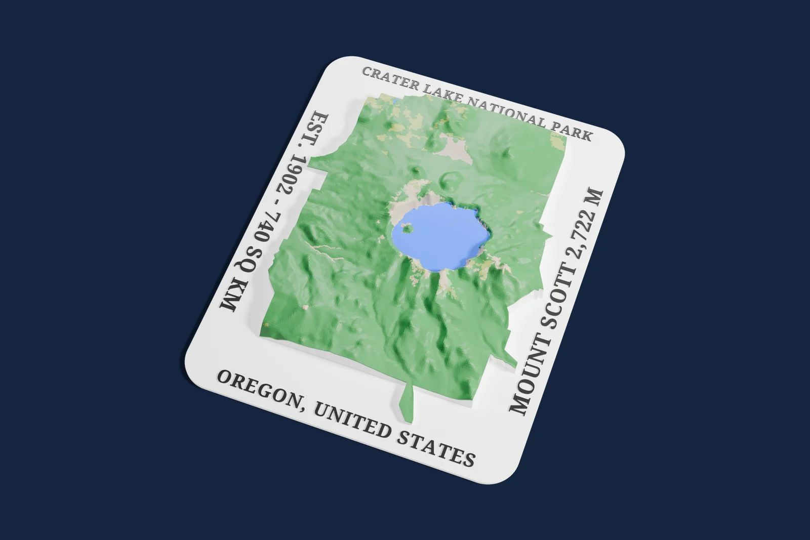 Render of a 3D printed relief map of Crater Lake National Park, with its terrain, water and land cover in their own colors.