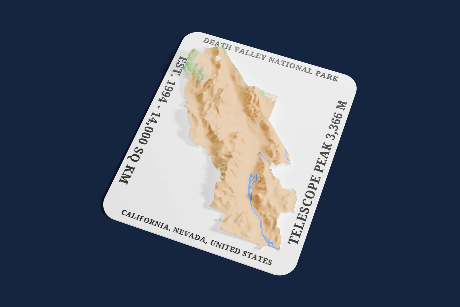 Render of a 3D printed relief map of Death Valley National Park, with its terrain, water and land cover in their own colors.