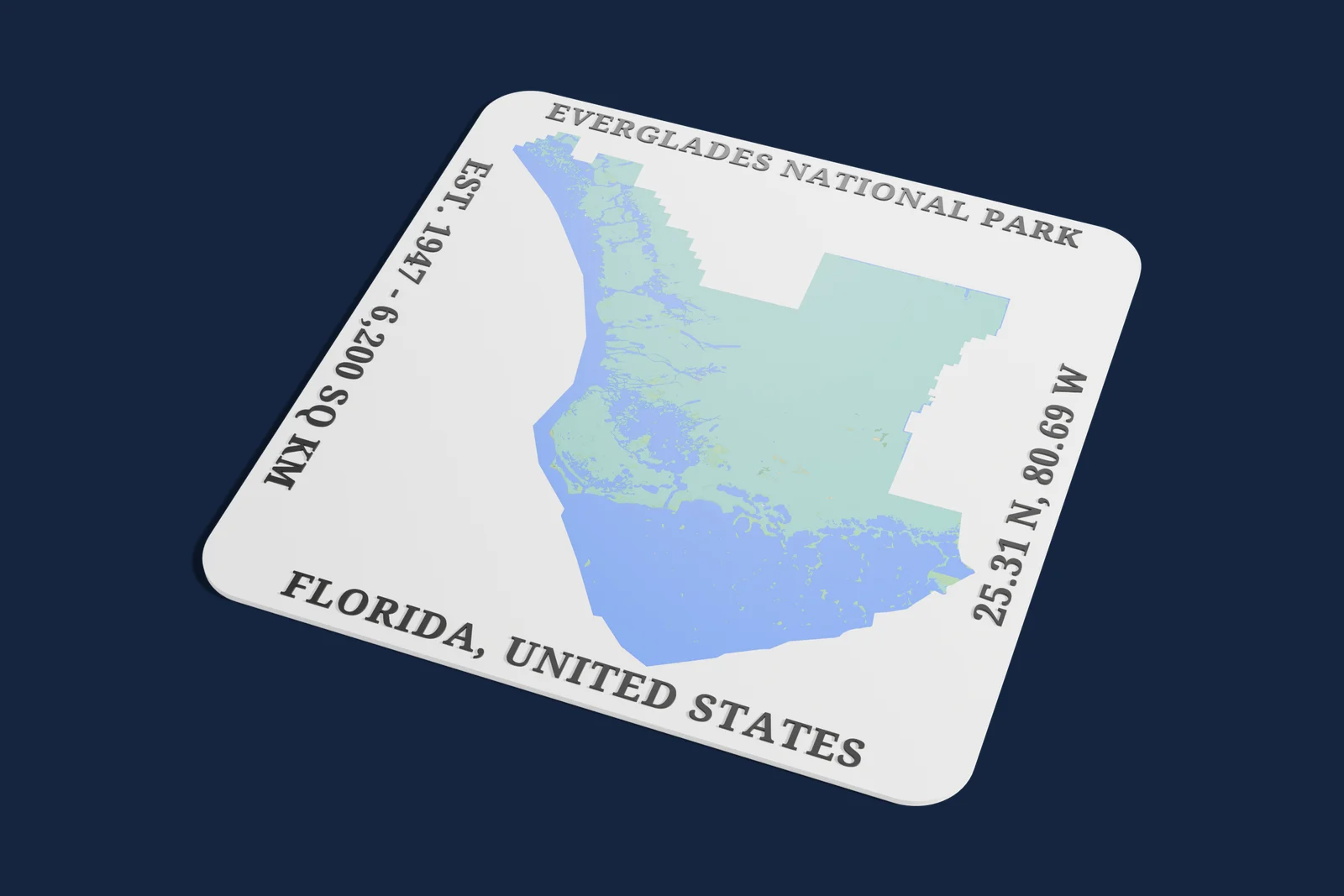 Render of a 3D printed relief map of Everglades National Park, with its terrain, water and land cover in their own colors.