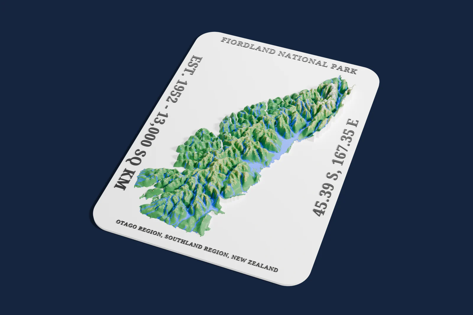 Render of a 3D printed relief map of Fiordland National Park, with its terrain, water and land cover in their own colors.