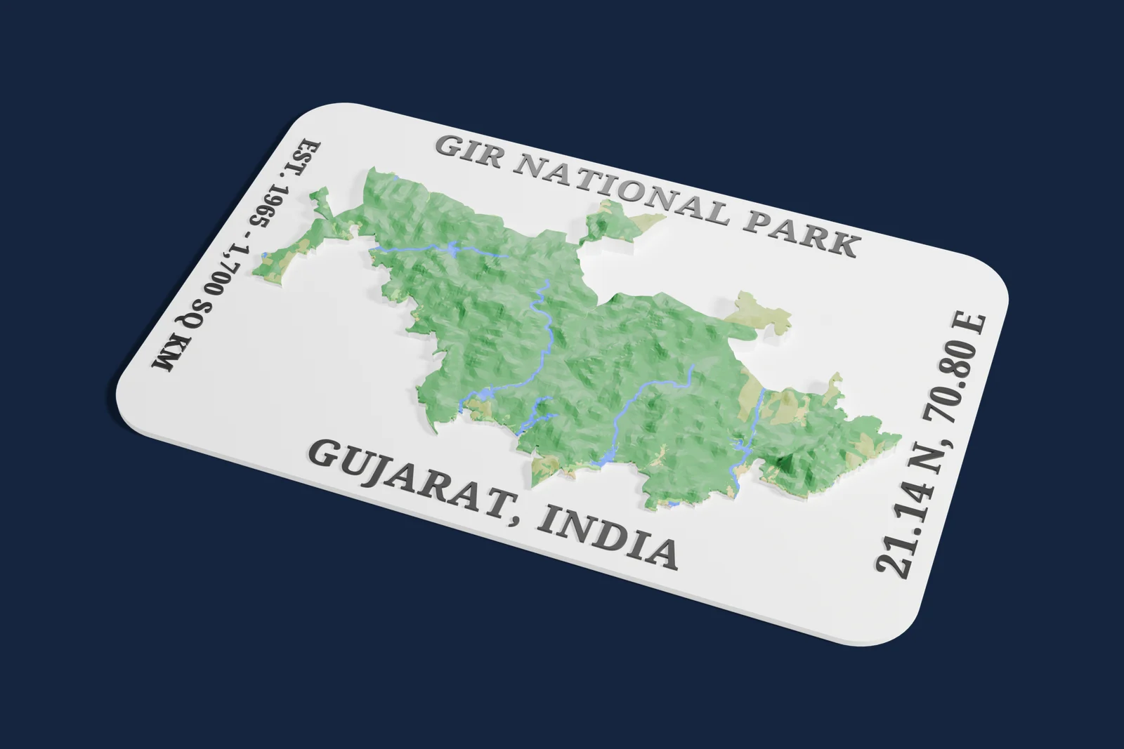 Render of a 3D printed relief map of Gir National Park, with its terrain, water and land cover in their own colors.