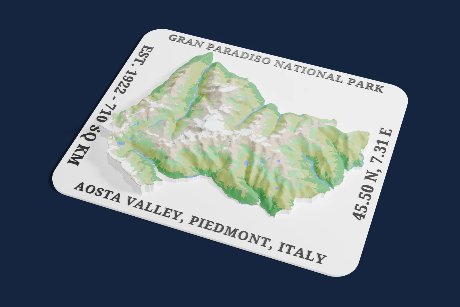 Render of a 3D printed relief map of Gran Paradiso National Park, with its terrain, water and land cover in their own colors.