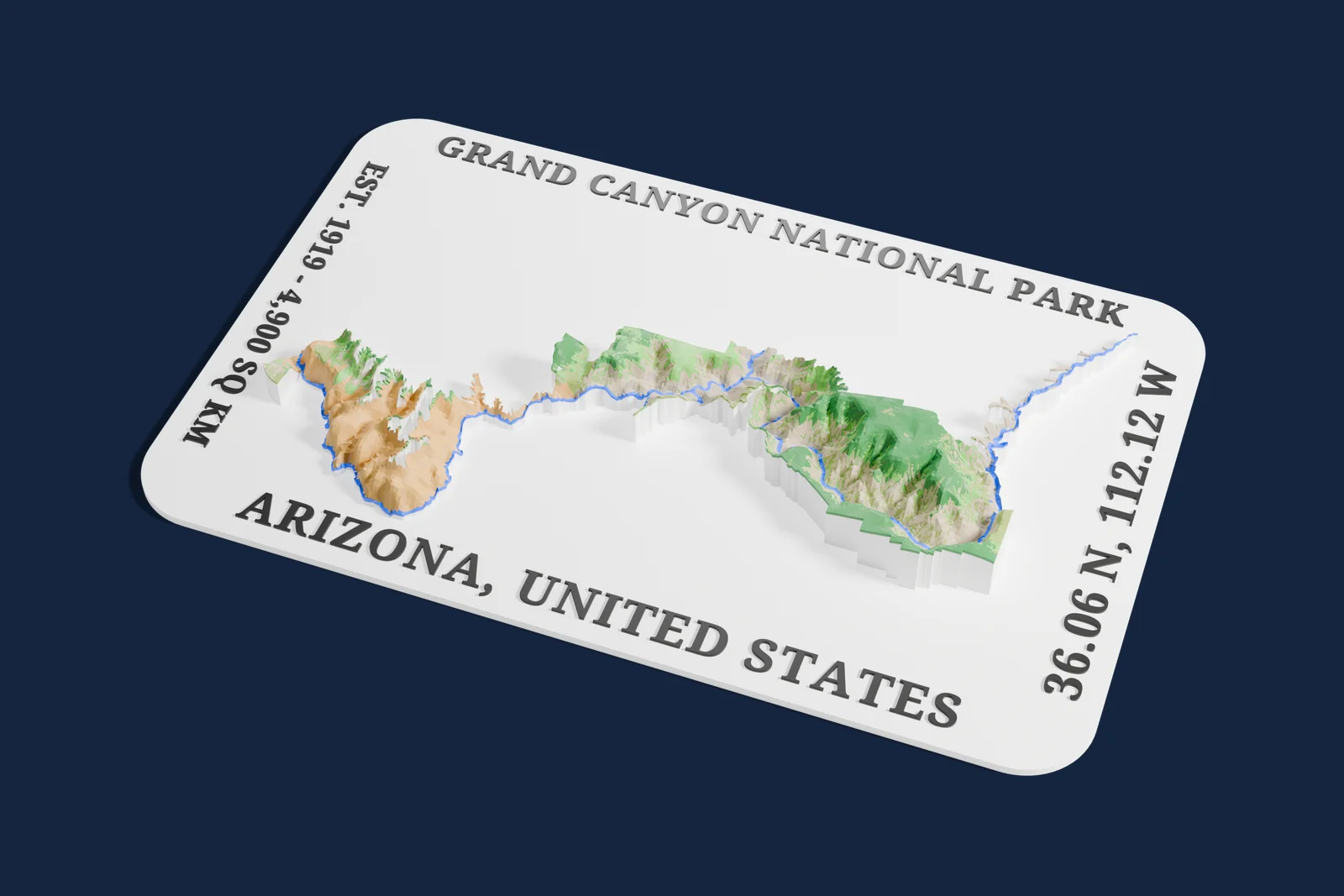 Render of a 3D printed relief map of Grand Canyon National Park, with its terrain, water and land cover in their own colors.