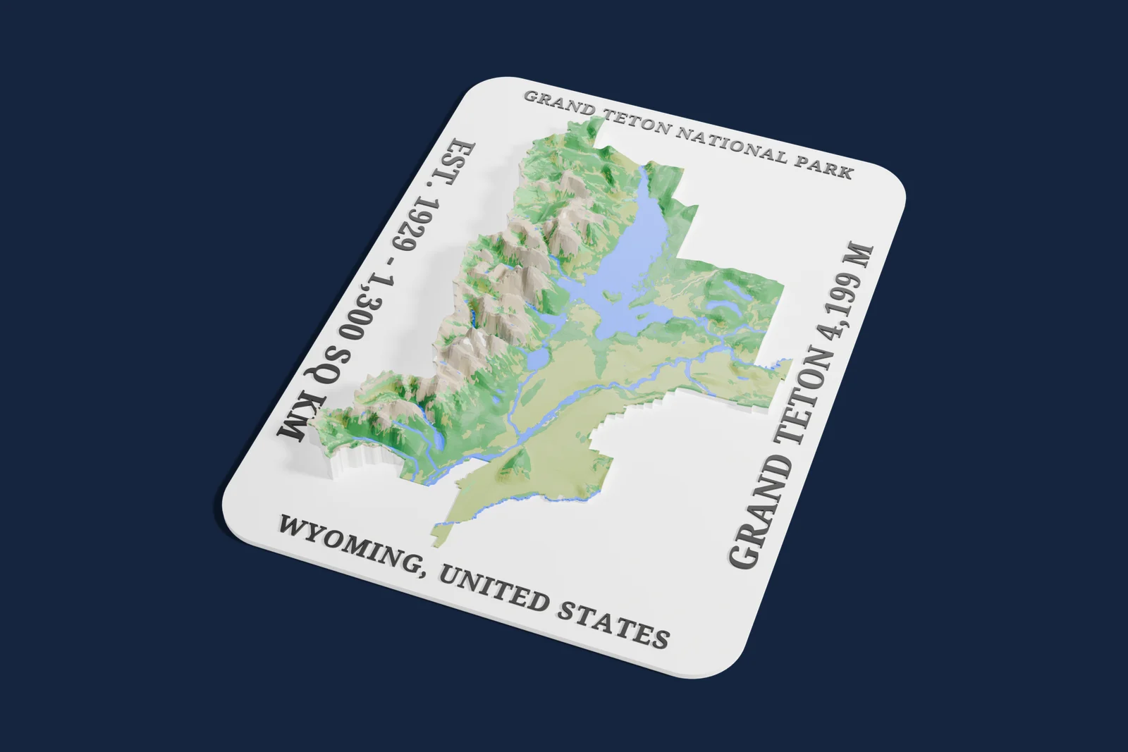 Render of a 3D printed relief map of Grand Teton National Park, with its terrain, water and land cover in their own colors.