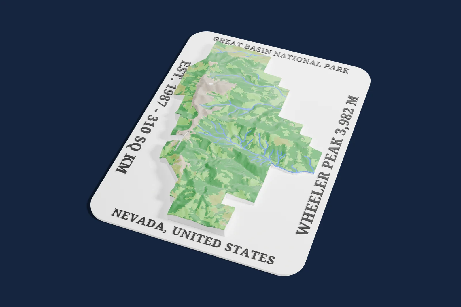 Render of a 3D printed relief map of Great Basin National Park, with its terrain, water and land cover in their own colors.