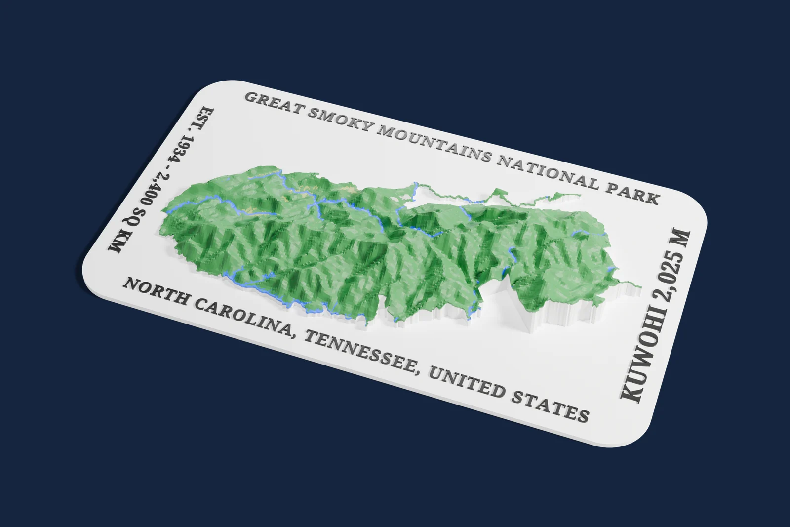 Render of a 3D printed relief map of Great Smoky Mountains National Park, with its terrain, water and land cover in their own colors.