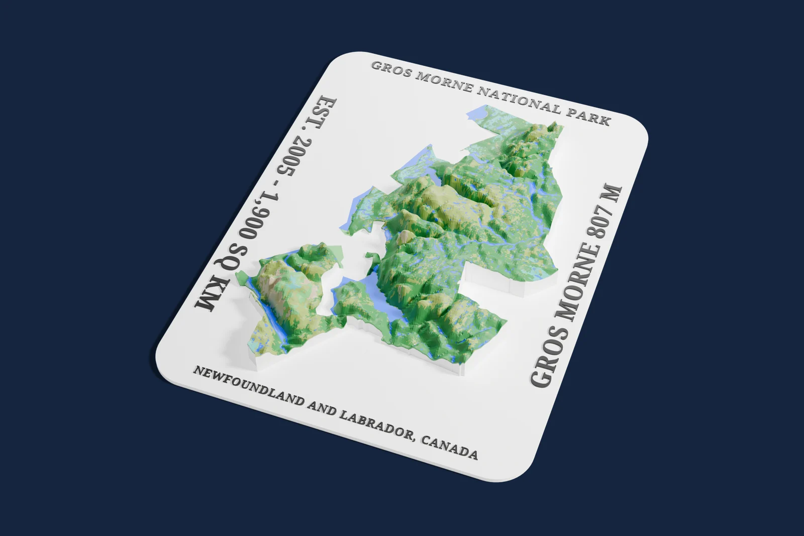 Render of a 3D printed relief map of Gros Morne National Park, with its terrain, water and land cover in their own colors.