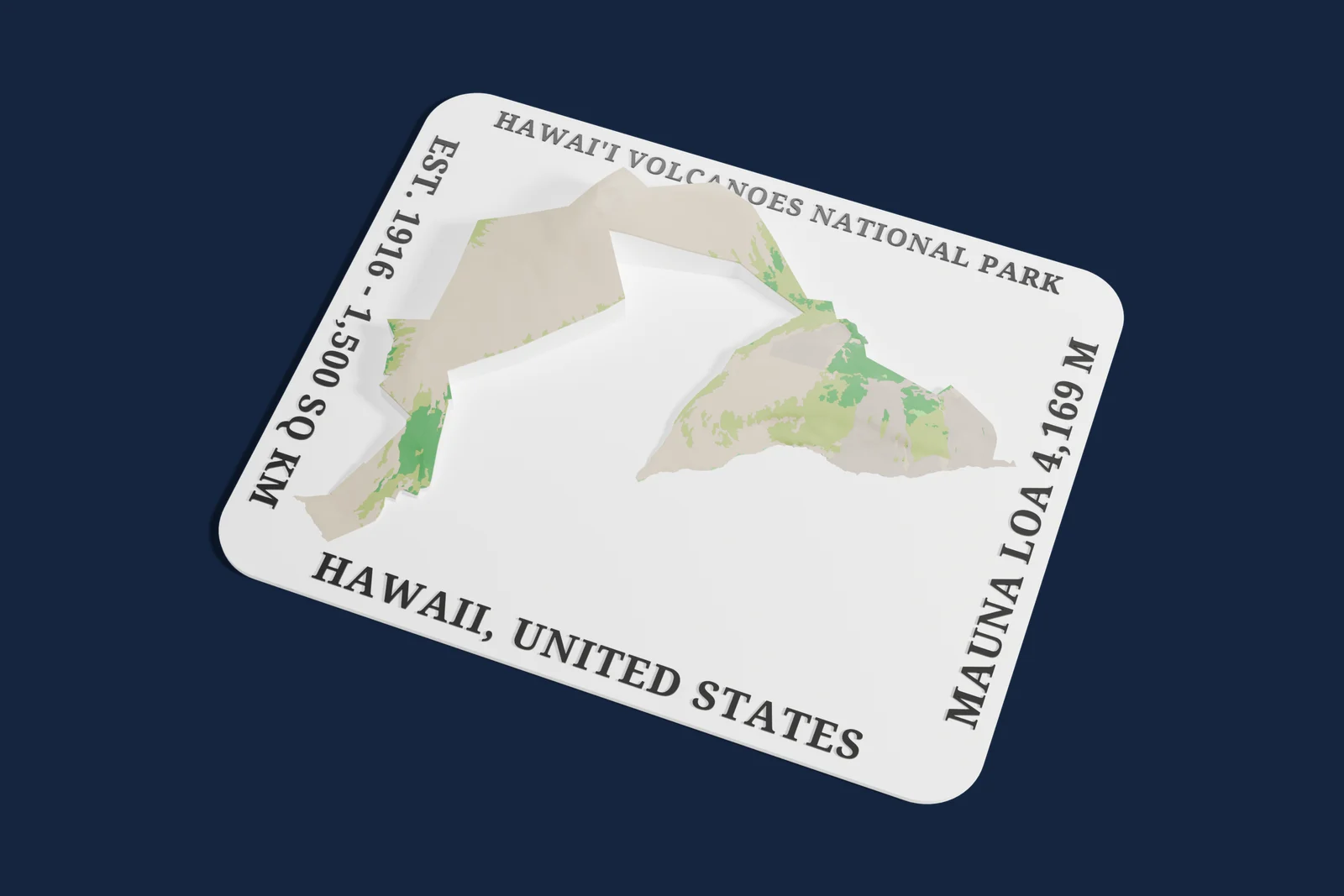 Render of a 3D printed relief map of Hawaiʻi Volcanoes National Park, with its terrain, water and land cover in their own colors.