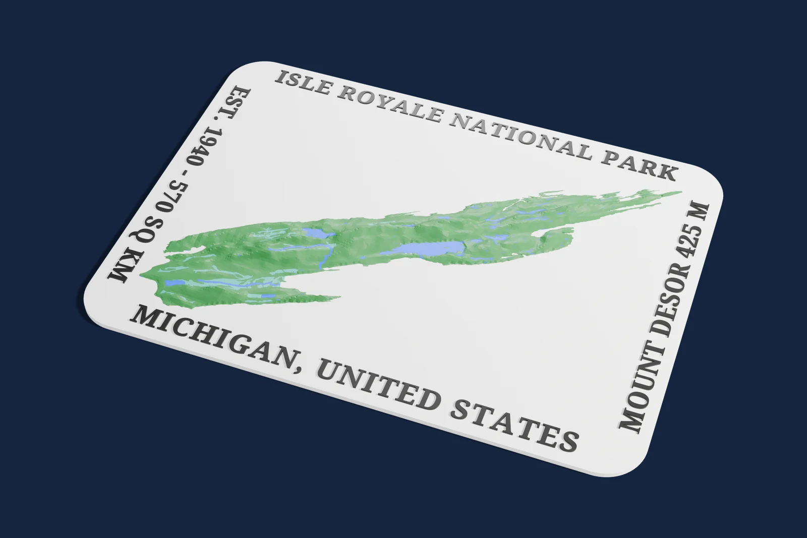 Render of a 3D printed relief map of Isle Royale National Park, with its terrain, water and land cover in their own colors.