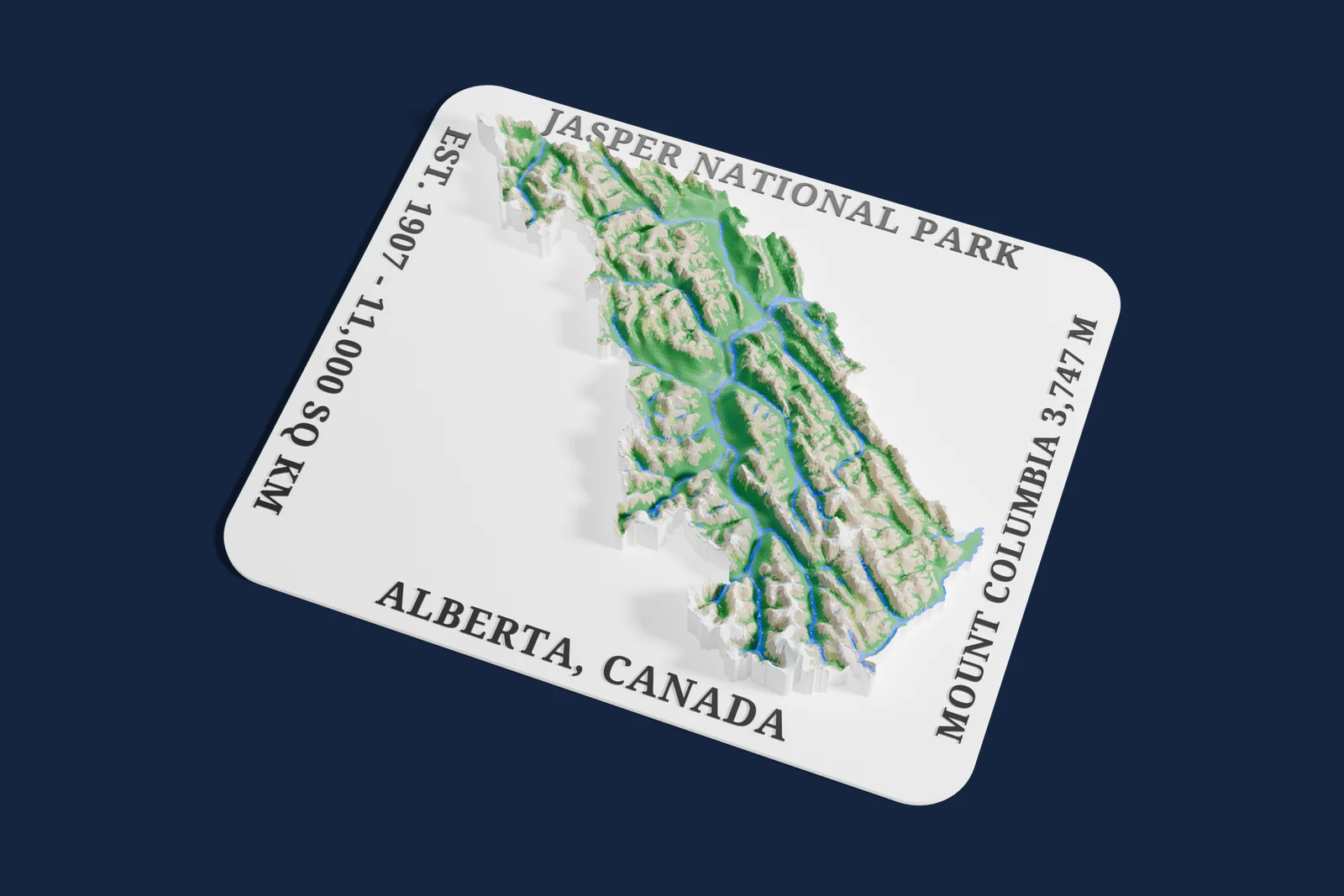 Render of a 3D printed relief map of Jasper National Park, with its terrain, water and land cover in their own colors.