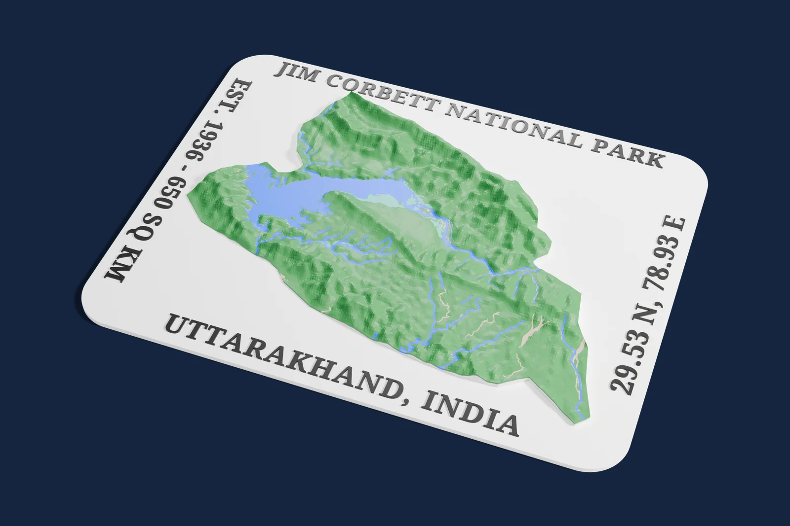 Render of a 3D printed relief map of Jim Corbett National Park, with its terrain, water and land cover in their own colors.