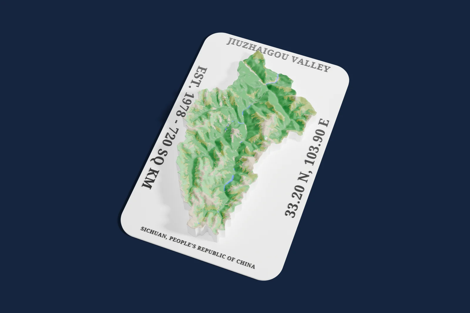 Render of a 3D printed relief map of Jiuzhaigou Valley, with its terrain, water and land cover in their own colors.