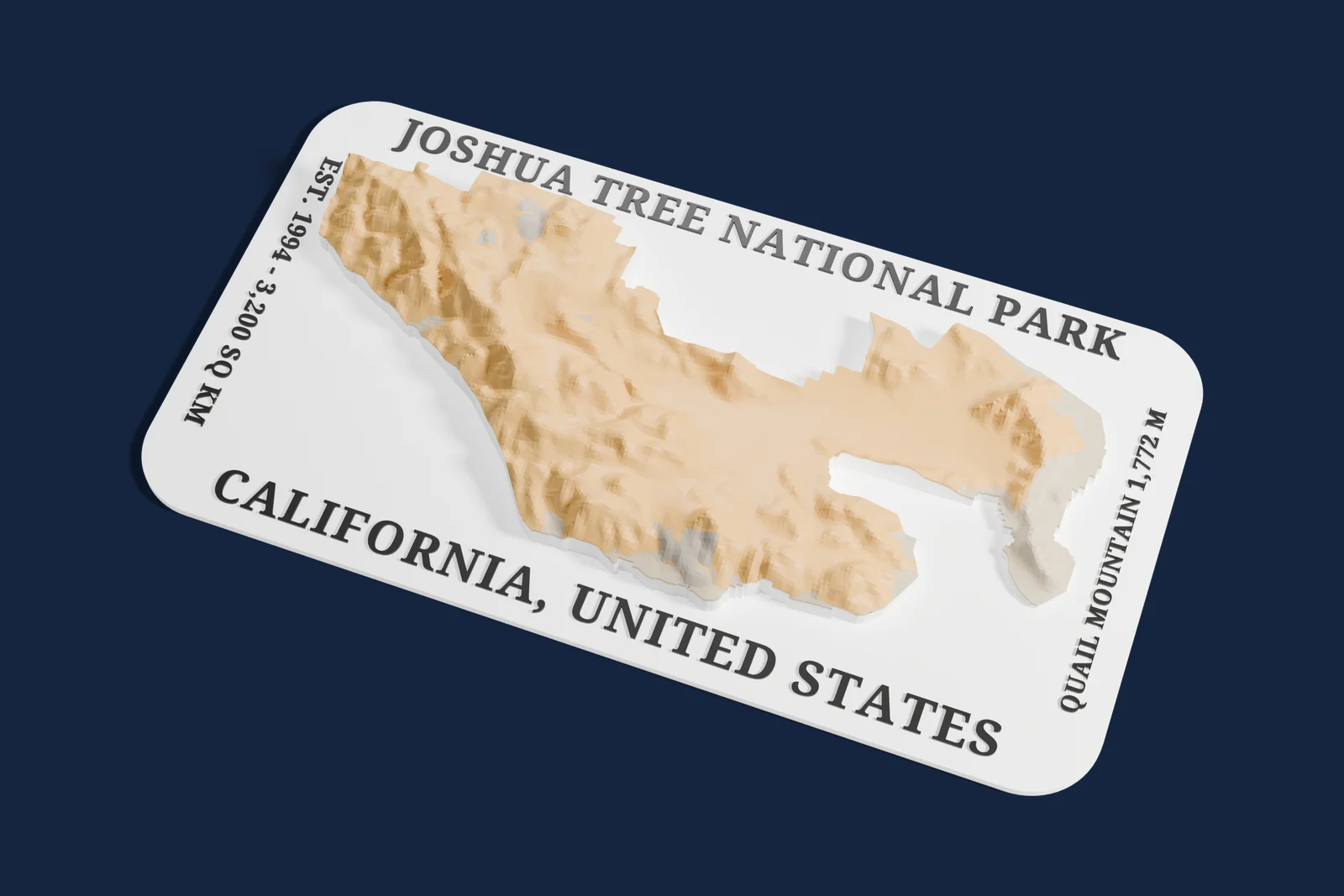 Render of a 3D printed relief map of Joshua Tree National Park, with its terrain, water and land cover in their own colors.