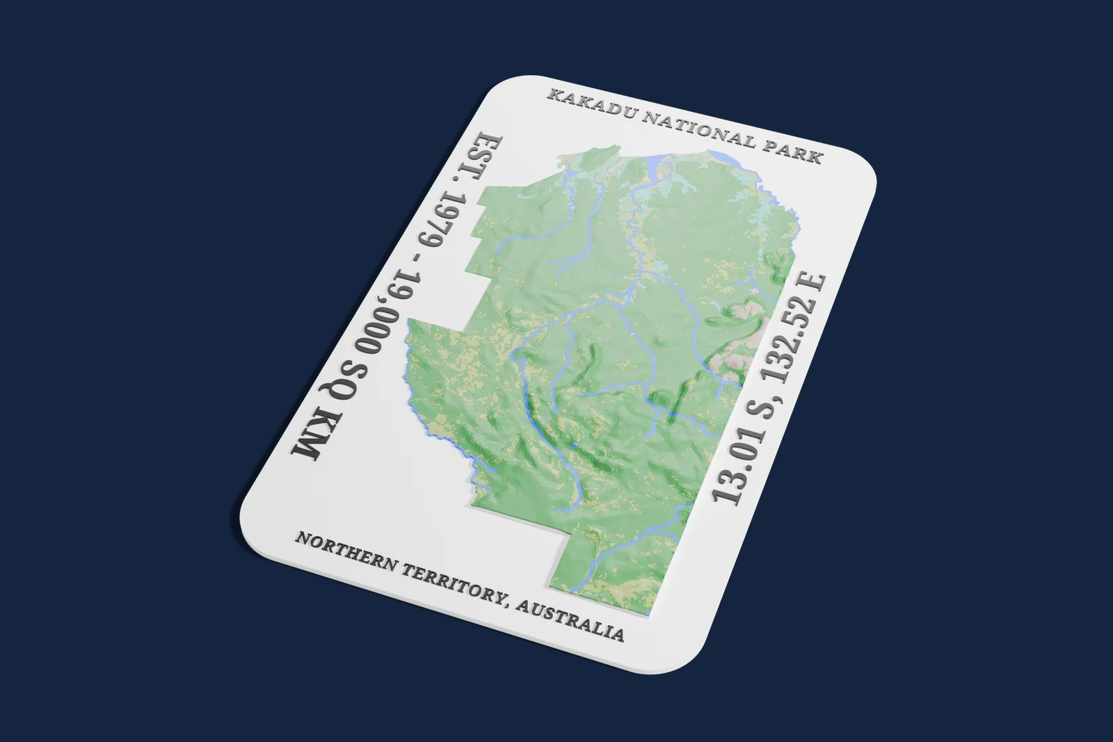 Render of a 3D printed relief map of Kakadu National Park, with its terrain, water and land cover in their own colors.