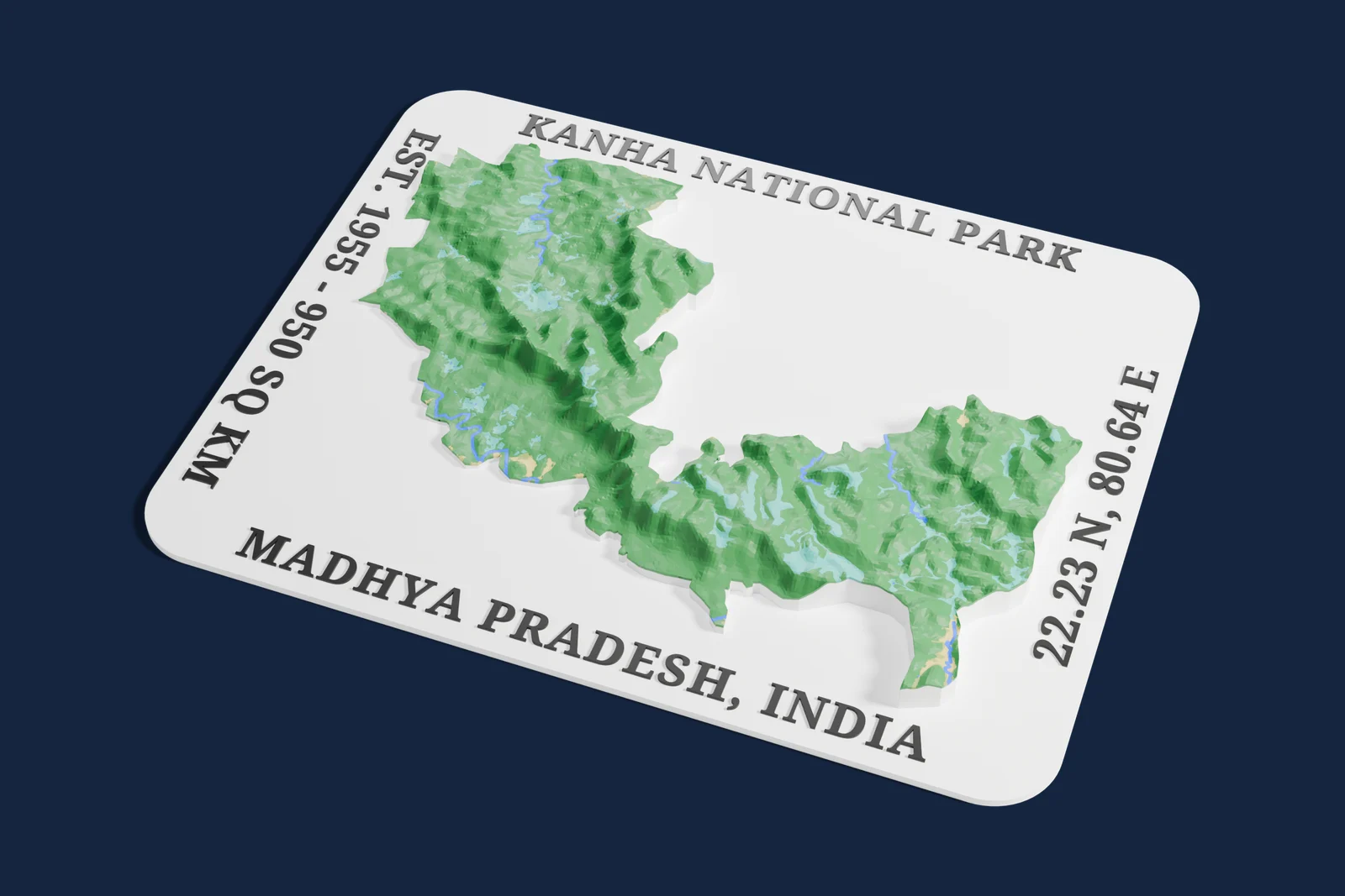 Render of a 3D printed relief map of Kanha National Park, with its terrain, water and land cover in their own colors.