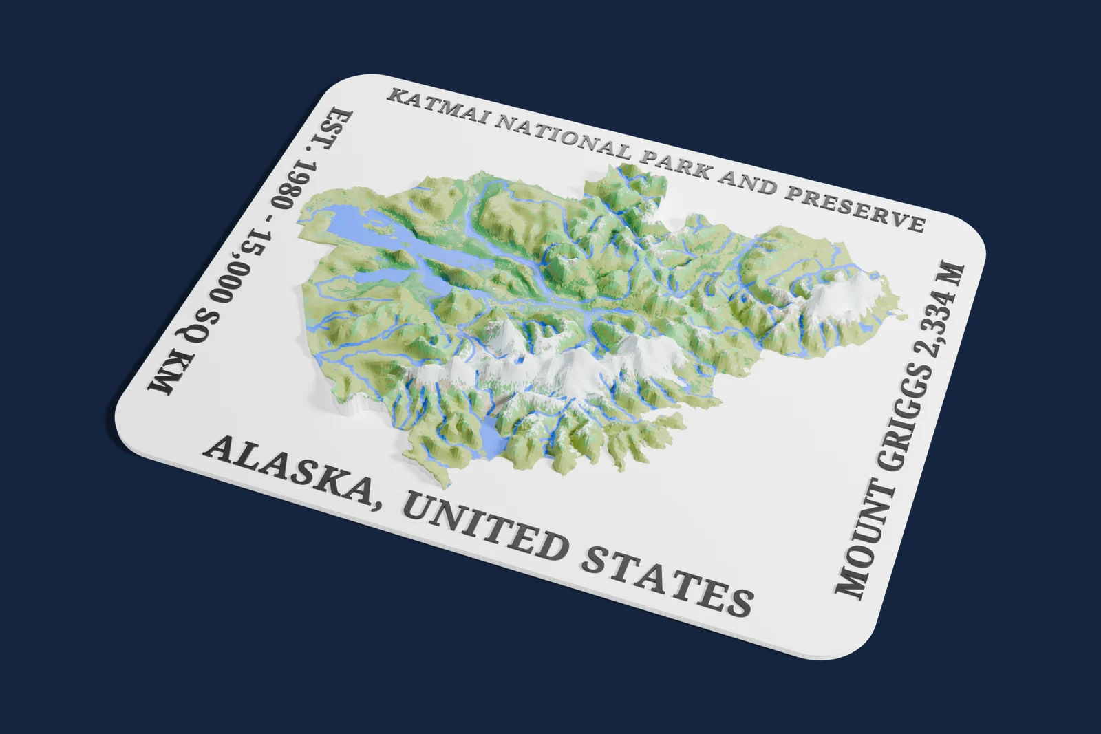Render of a 3D printed relief map of Katmai National Park and Preserve, with its terrain, water and land cover in their own colors.