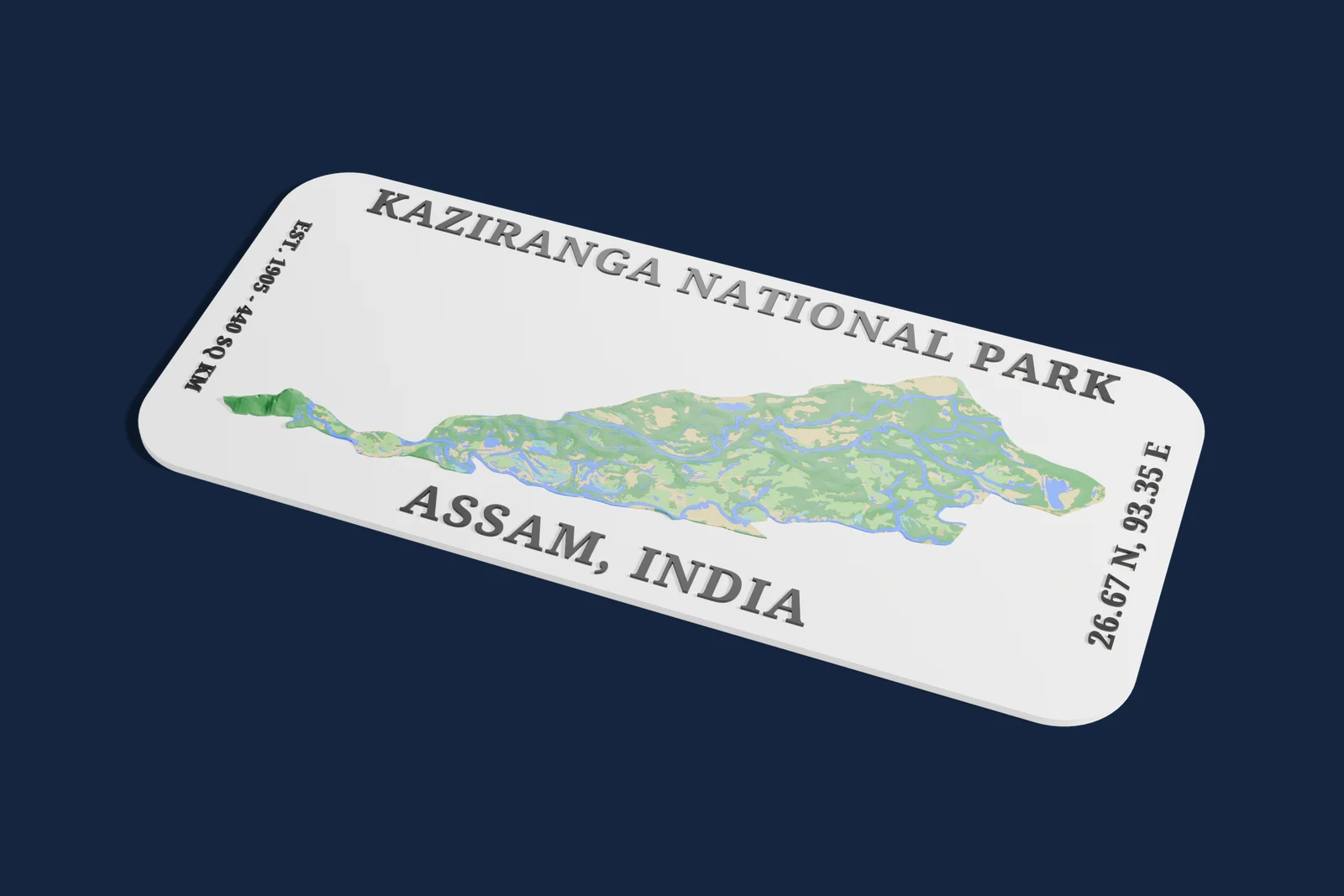Render of a 3D printed relief map of Kaziranga National Park, with its terrain, water and land cover in their own colors.