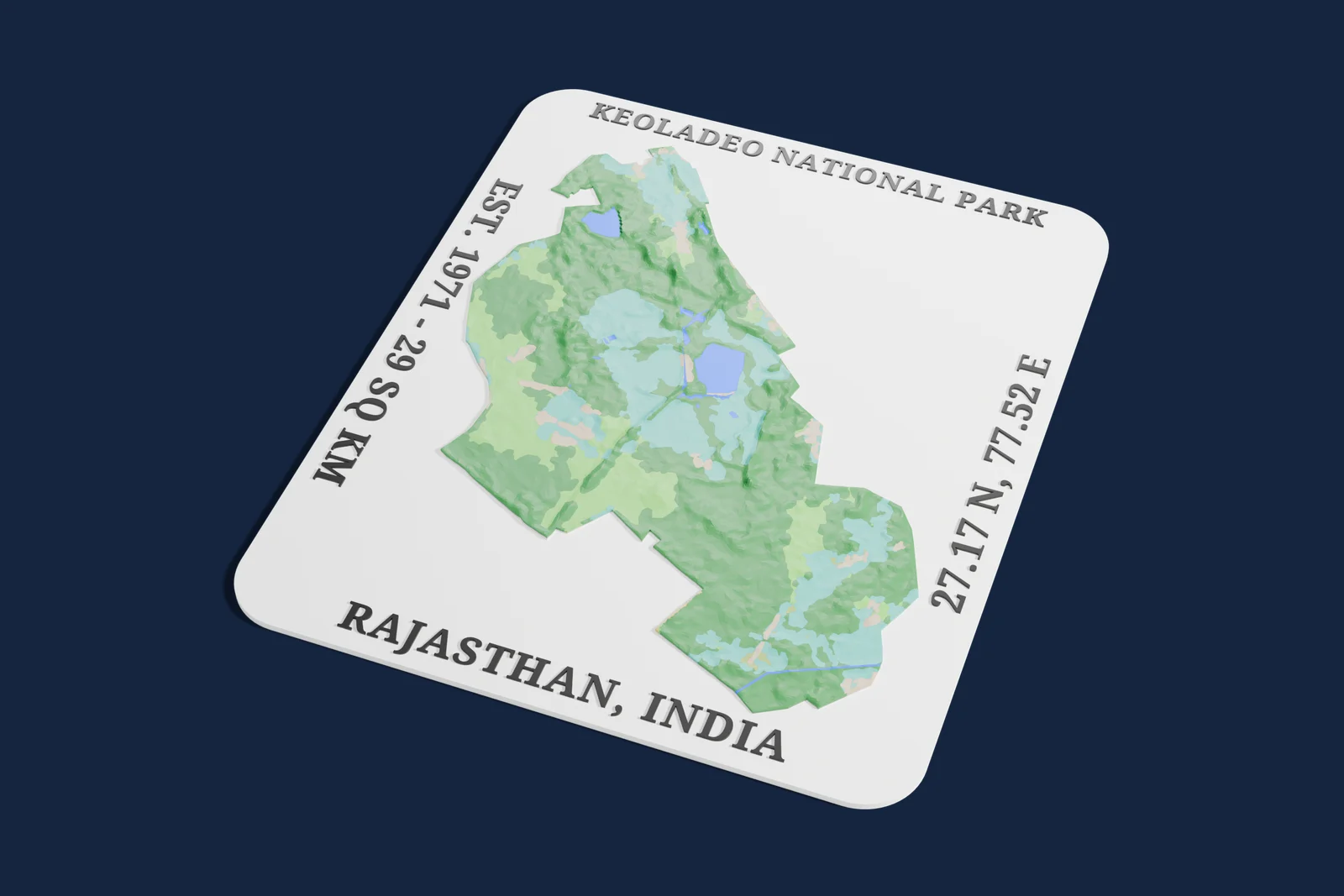 Render of a 3D printed relief map of Keoladeo National Park, with its terrain, water and land cover in their own colors.