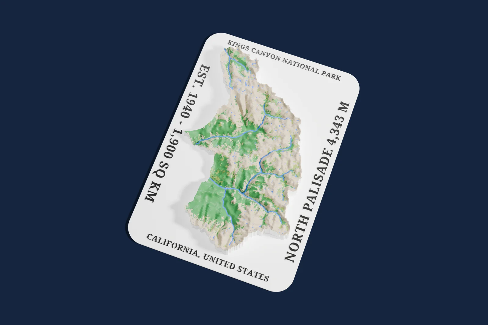 Render of a 3D printed relief map of Kings Canyon National Park, with its terrain, water and land cover in their own colors.