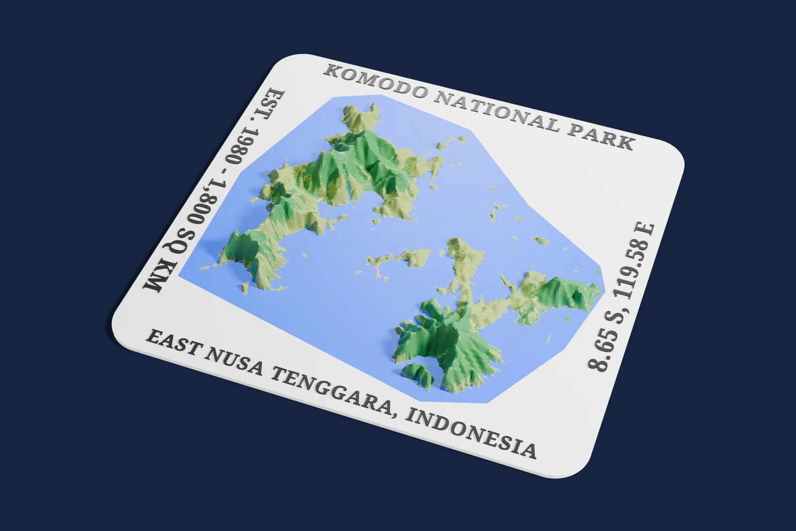 Render of a 3D printed relief map of Komodo National Park, with its terrain, water and land cover in their own colors.