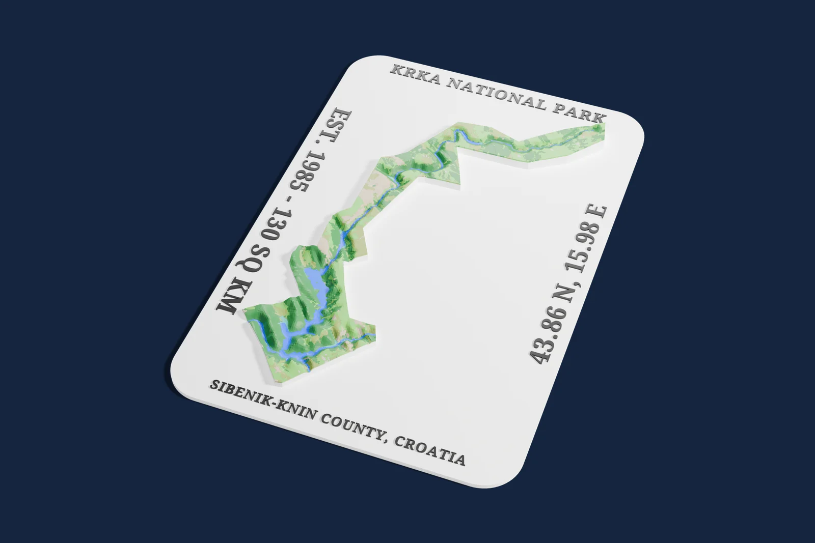 Render of a 3D printed relief map of Krka National Park, with its terrain, water and land cover in their own colors.