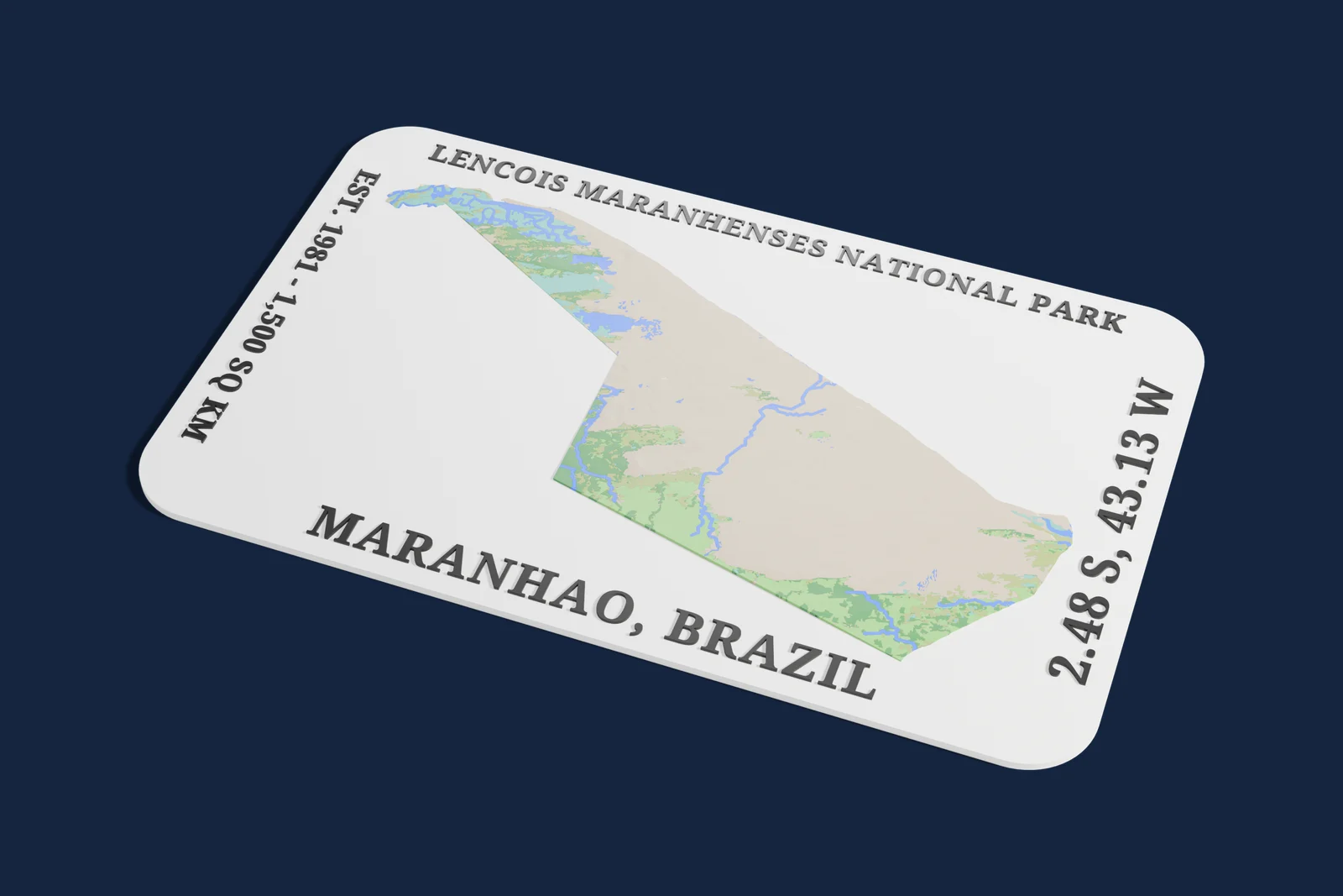 Render of a 3D printed relief map of Lençóis Maranhenses National Park, with its terrain, water and land cover in their own colors.