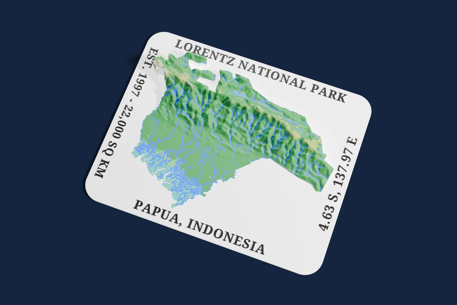 Render of a 3D printed relief map of Lorentz National Park, with its terrain, water and land cover in their own colors.
