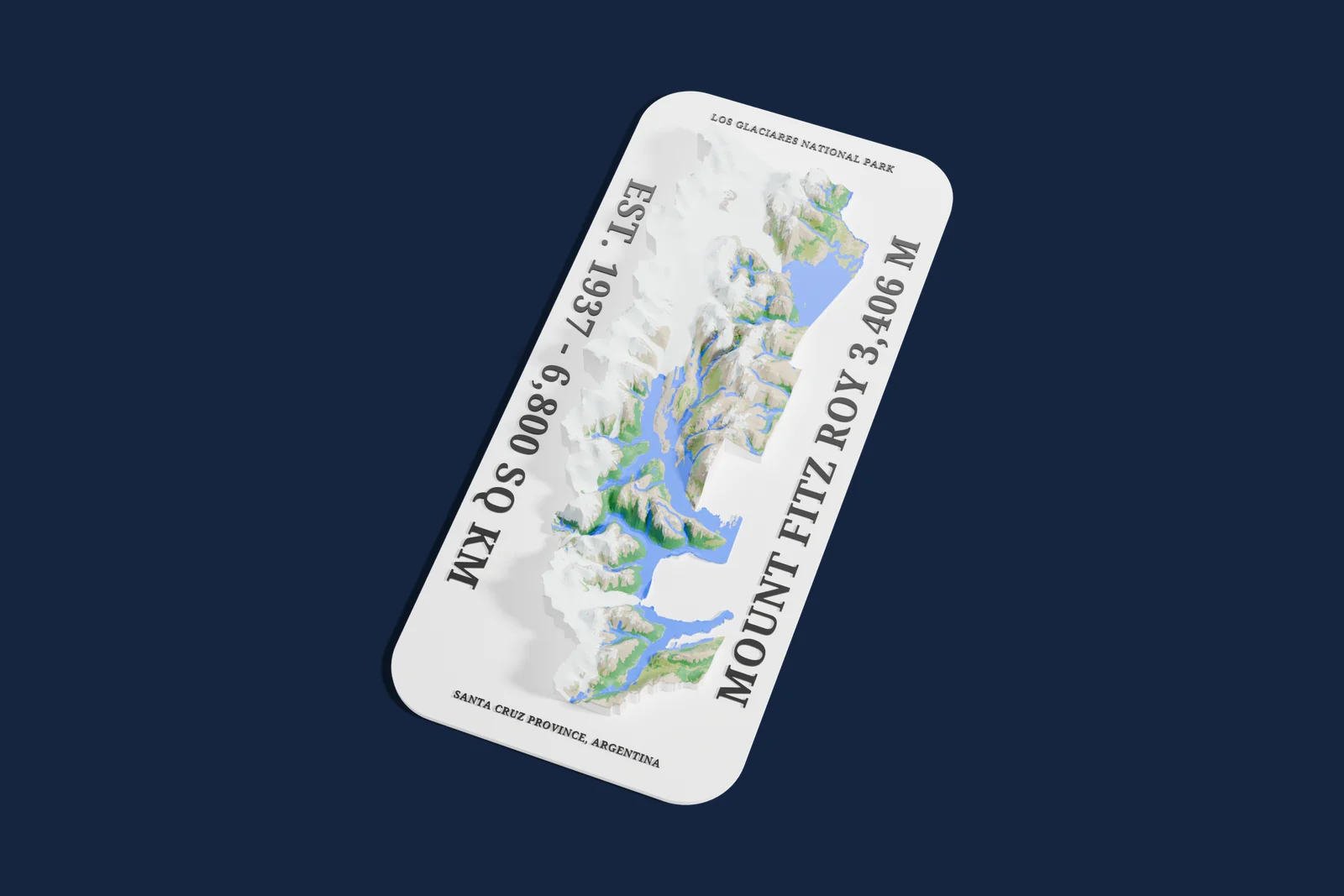 Render of a 3D printed relief map of Los Glaciares National Park, with its terrain, water and land cover in their own colors.