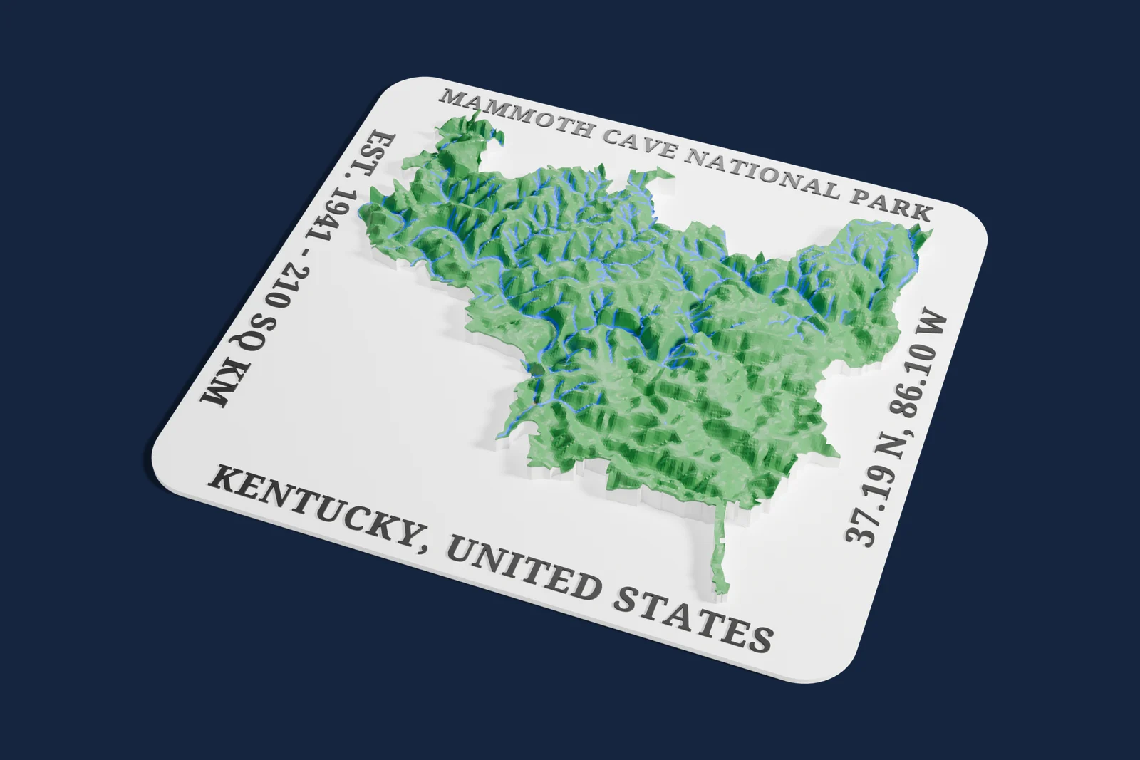 Render of a 3D printed relief map of Mammoth Cave National Park, with its terrain, water and land cover in their own colors.