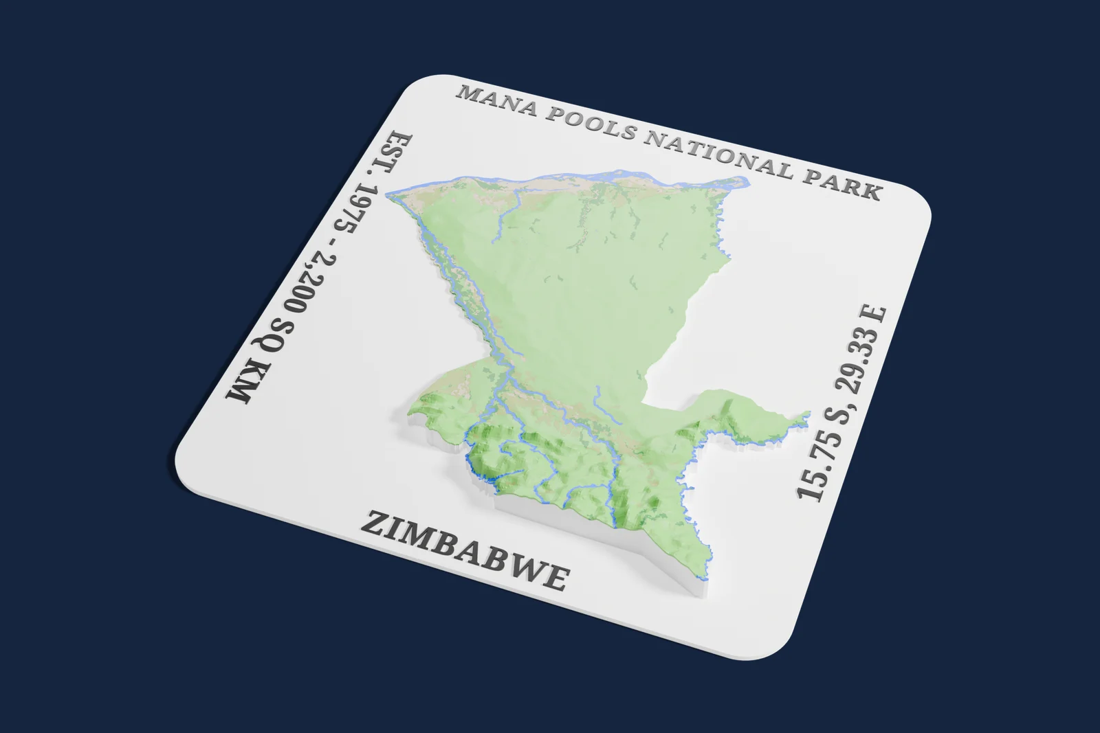 Render of a 3D printed relief map of Mana Pools National Park, with its terrain, water and land cover in their own colors.