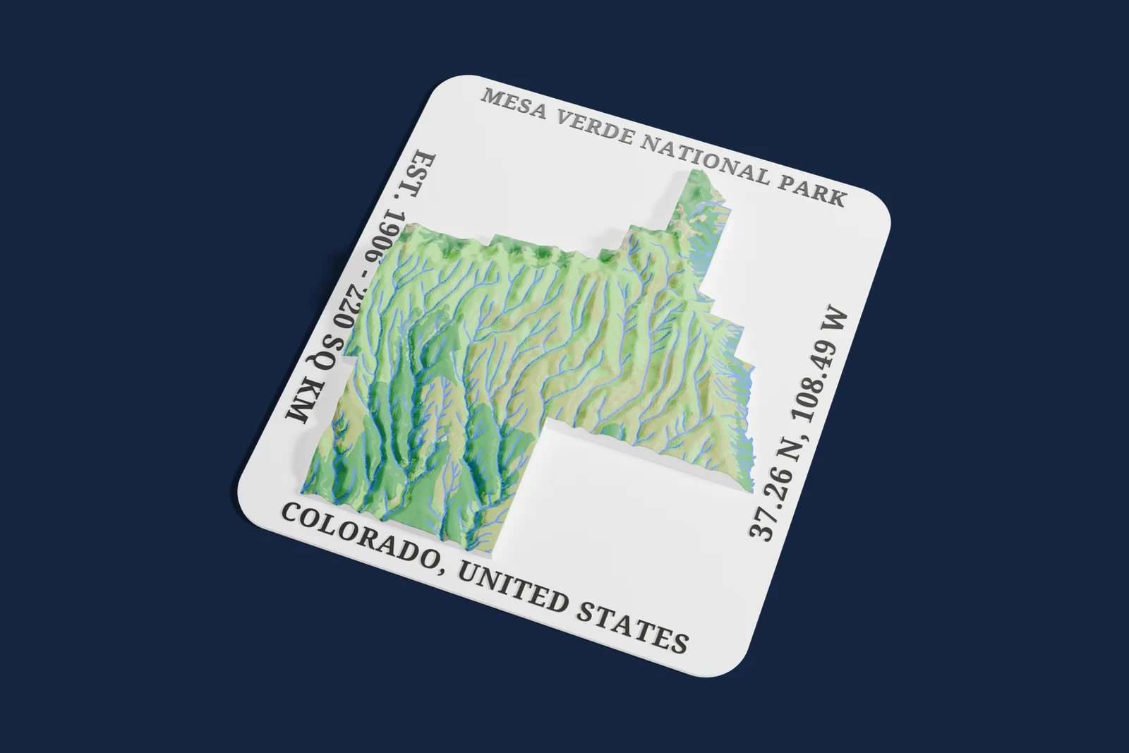 Render of a 3D printed relief map of Mesa Verde National Park, with its terrain, water and land cover in their own colors.