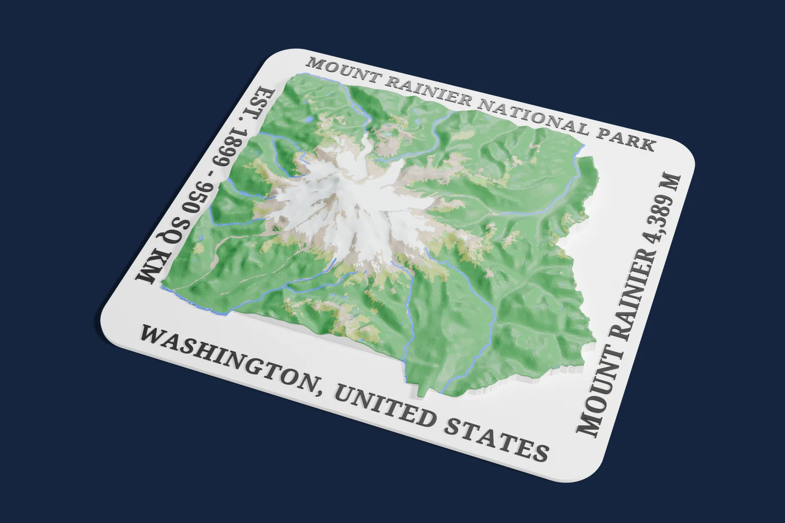 Render of a 3D printed relief map of Mount Rainier National Park, with its terrain, water and land cover in their own colors.