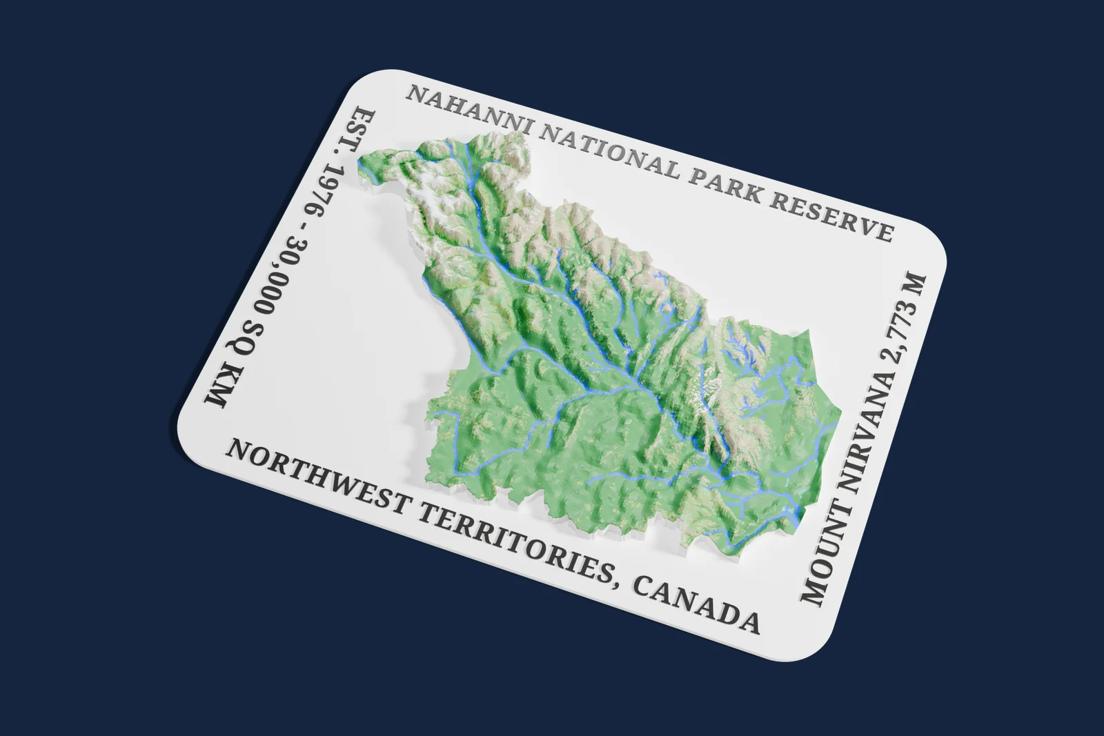 Render of a 3D printed relief map of Nahanni National Park Reserve, with its terrain, water and land cover in their own colors.
