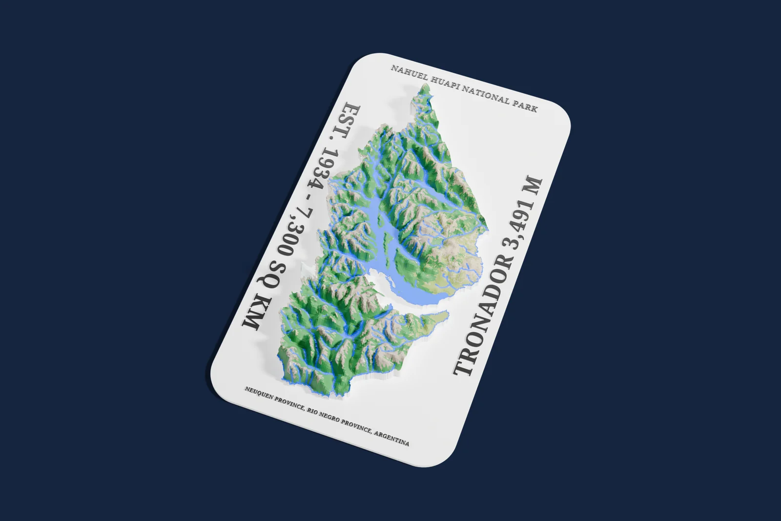 Render of a 3D printed relief map of Nahuel Huapi National Park, with its terrain, water and land cover in their own colors.
