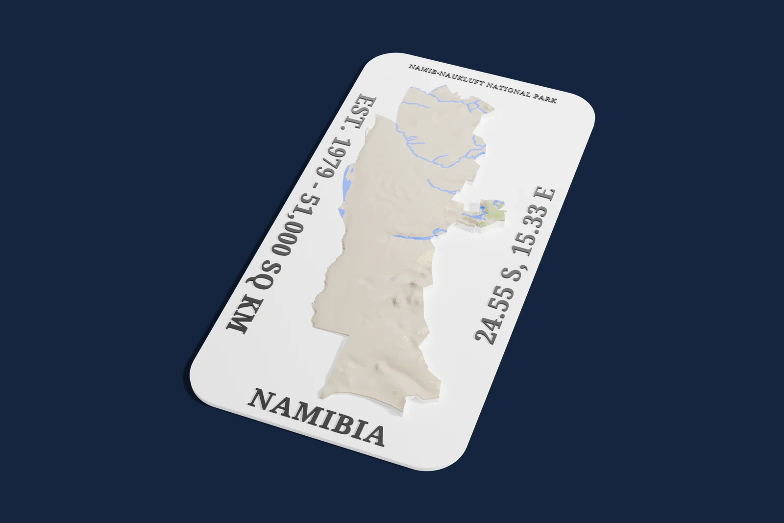 Render of a 3D printed relief map of Namib-Naukluft National Park, with its terrain, water and land cover in their own colors.