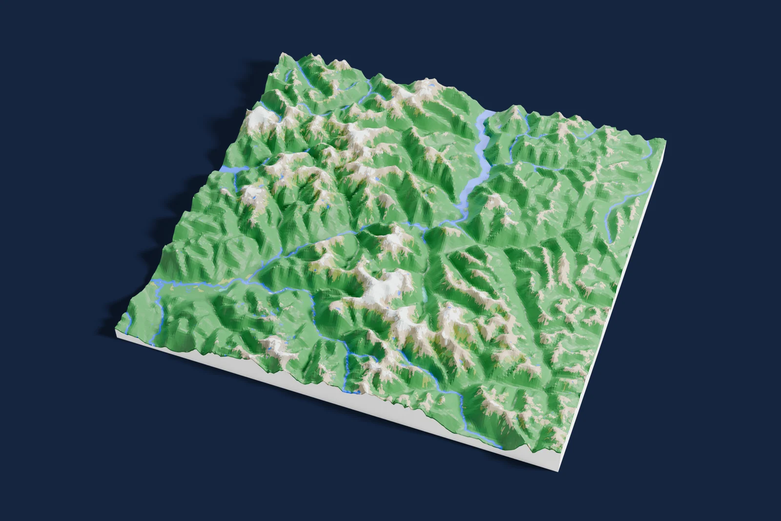 Render of a 3D printed relief map of North Cascades National Park, with its terrain, water and land cover in their own colors.